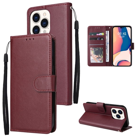 SaniMore for iPhone 14 Pro 6.1" PU Leather Case, Magnetic Closure Flip Wallet Cover with Wrist Strap Card Slot & Multi-Angle Kickstand All-Inclusive Protective Shell, Winered