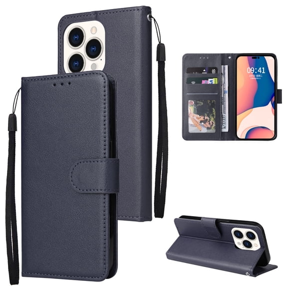 SaniMore for iPhone 14 Pro 6.1" PU Leather Case, Magnetic Closure Flip Wallet Cover with Wrist Strap Card Slot & Multi-Angle Kickstand All-Inclusive Protective Shell, Darkblue