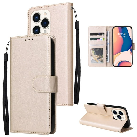 SaniMore for iPhone 14 Pro 6.1" PU Leather Case, Magnetic Closure Flip Wallet Cover with Wrist Strap Card Slot & Multi-Angle Kickstand All-Inclusive Protective Shell, Gold