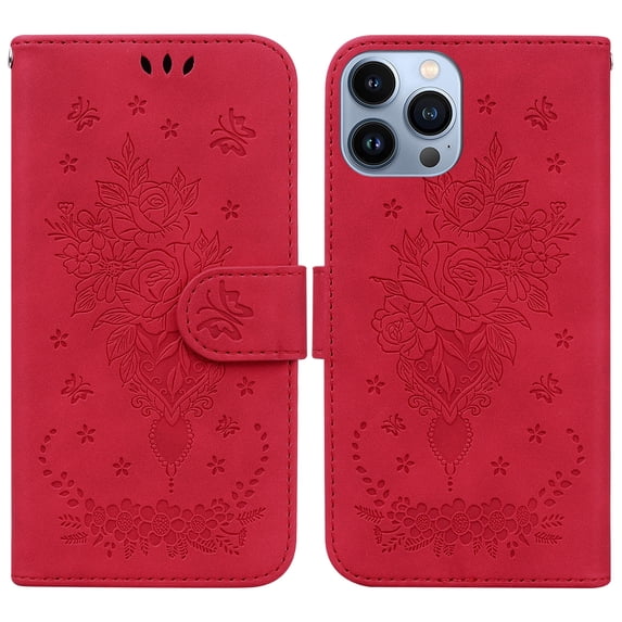 SaniMore for iPhone 14 Pro 6.1" PU Leather Case, Magnetic Closure Flip Wallet Embossed Cover with Wrist Strap Card Slot & Multi-Angle Kickstand Shockproof Protective Shell, Red