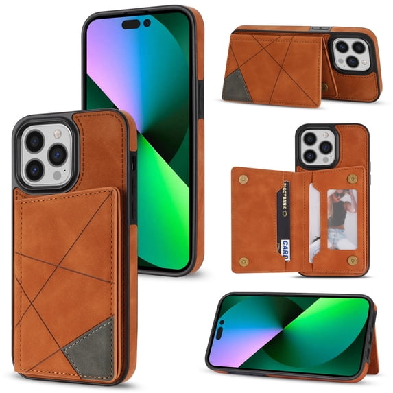 SaniMore for iPhone 14 Pro 6.1" PU Leather Case RFID Blocking, Back Magnetic Button Flip Wallet Cover Built-in Card Slot & Multi-Angle Kickstand Ultra-Thin Full Body Protective Shell, Brown