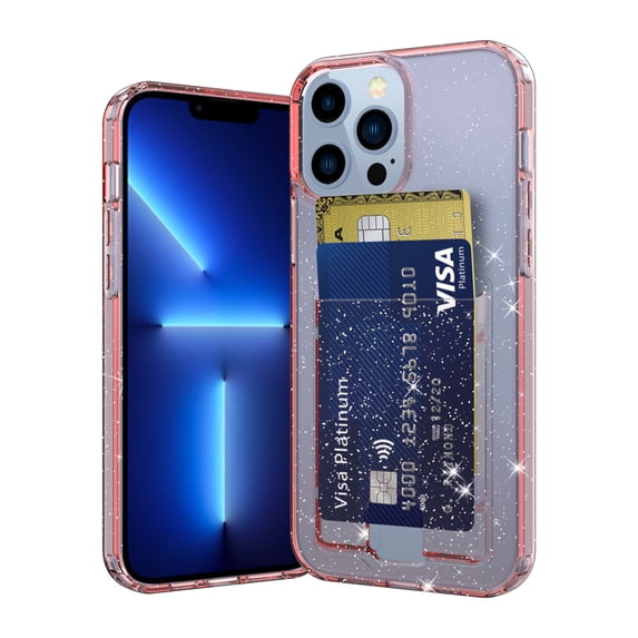 SaniMore for iPhone 14 Pro 6.1" Translucent Glitter Case, Rugged PC Back & Soft TPU Bumpers Case with Card Slot Shockproof Protective Case for iPhone 14 Pro Women Ladies Girls, Pink