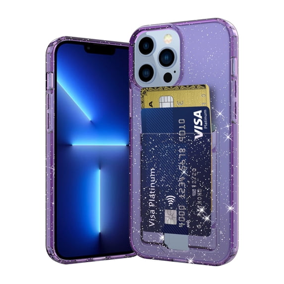 SaniMore for iPhone 14 Pro 6.1" Translucent Glitter Case, Rugged PC Back & Soft TPU Bumpers Case with Card Slot Shockproof Protective Case for iPhone 14 Pro Women Ladies Girls, Purple