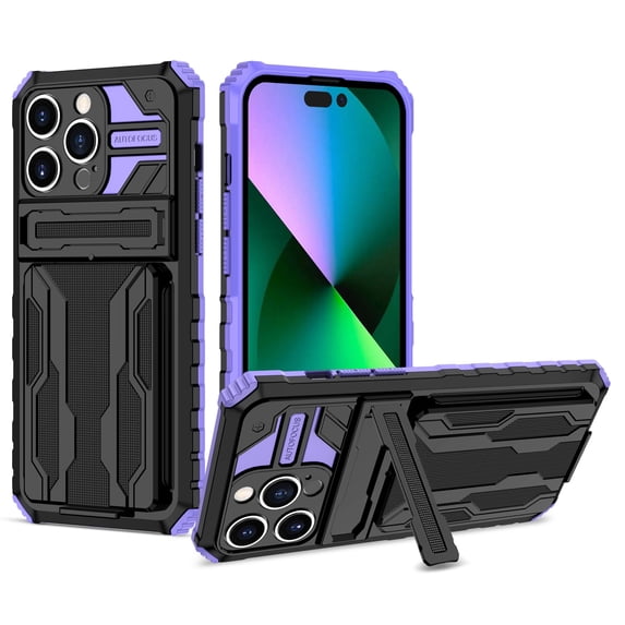 SaniMore for iPhone 14 Pro 6.1" Upgraded Military Shockproof Case, Rugged PC Back & TPU Bumpers Case with Invisible Sliding Card Slot & Kickstand Shockproof Protective Case, Purple