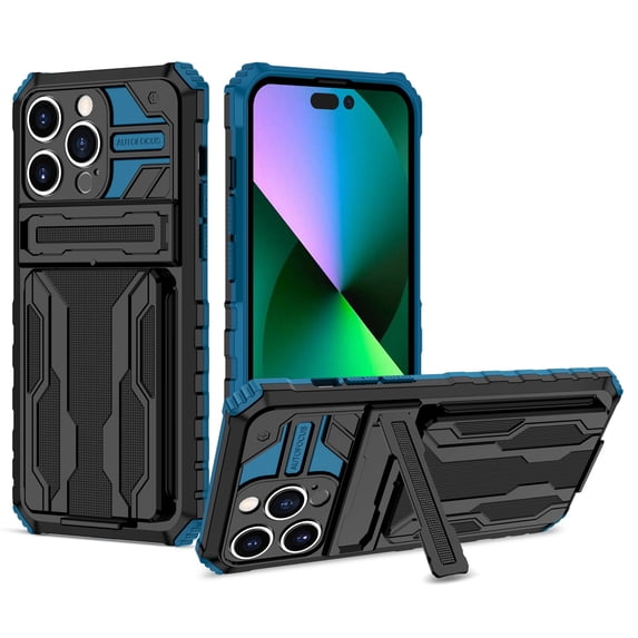 SaniMore for iPhone 14 Pro 6.1" Upgraded Military Shockproof Case, Rugged PC Back & TPU Bumpers Case with Invisible Sliding Card Slot & Kickstand Shockproof Protective Case, Blue