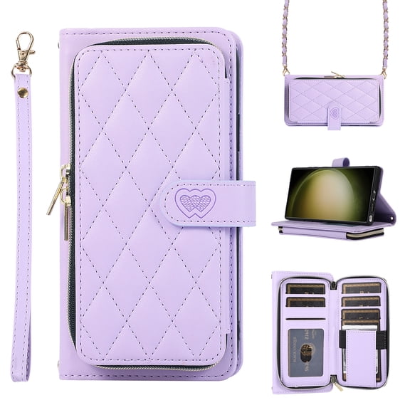 SaniMore for iPhone 14 Pro Buisness Case, Zipper Purse [Card Holders] Magnetic Clasp Kickstand Wrist/Crossbody Chain Lanyard PU Leather Wear-resistant Full Body Protective Wallet Shell, Purple