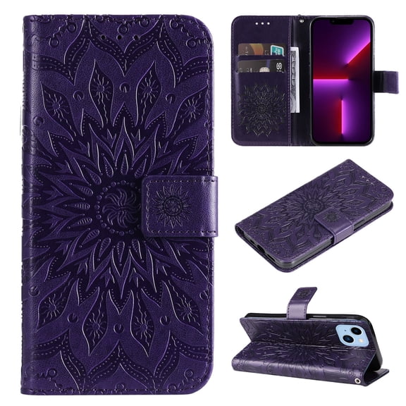 SaniMore for iPhone 14 Pro Case with Card Holder, Embossed Magnetic Wallet Soft TPU + PU Leather Cover with Practical Bracket + Detachable Hand Strap Shockproof Protective Shell, Purple