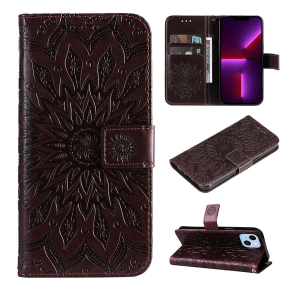 SaniMore for iPhone 14 Pro Case with Card Holder, Embossed Magnetic Wallet Soft TPU + PU Leather Cover with Practical Bracket + Detachable Hand Strap Shockproof Protective Shell, Brown