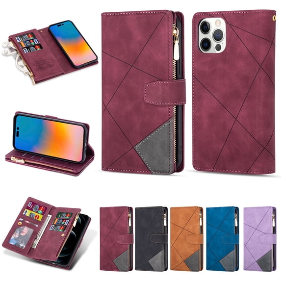 SaniMore for iPhone 14 Pro Case with Card Slot, Line Stitching Metal Button Zipper Wallet PU Leather Cover with Folio Flip Kickstand + Hand Strap Shockproof Protective Shell, Winered