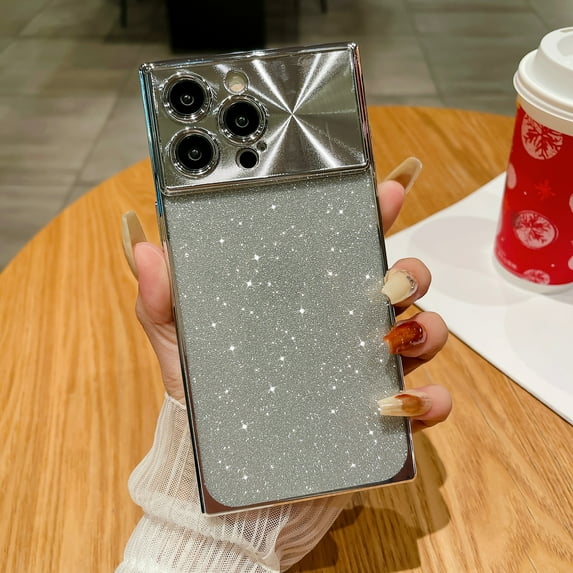 SaniMore for iPhone 14 Pro Case, Glitter Bling Paper Large Window Lens Protection Electroplated Frame Soft TPU Shell Shockproof Anti-drop Slim Lightweight Fashion for Girls Women - Silver