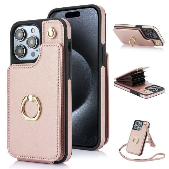 SaniMore for iPhone 14 Pro Case, Luxury PU Leather Card Holders Flip Kickstand Metal Finger Ring Shockproof Drop Resistant Crossbody Lanyard for Girls Women Stylish Accordion Design, Rosegold