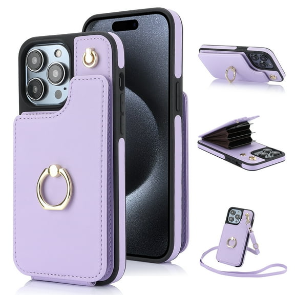 SaniMore for iPhone 14 Pro Case, Luxury PU Leather Card Holders Flip Kickstand Metal Finger Ring Shockproof Drop Resistant Crossbody Lanyard for Girls Women Stylish Accordion Design, Lightpurple