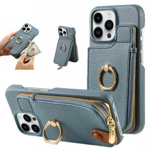 SaniMore for iPhone 14 Pro Case, PU Leather Zipper Purse RFID Blocking Card Slots Flip Kickstand Metal Finger Ring Magnetic Car Mount Shockproof Anti-fall Rugged Wallet Shell for Ladies Men, Blue