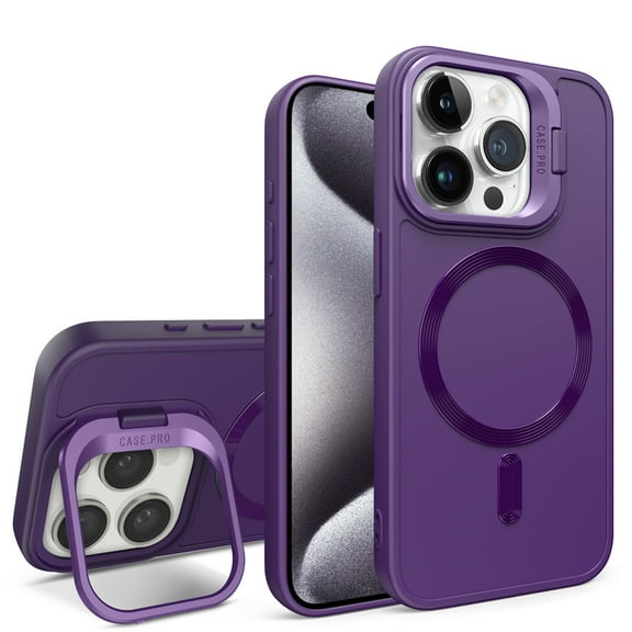 SaniMore for iPhone 14 Pro Case, Rugged Frosted PC Magafe Shell, Camera Lens Protection with Foldable Bracket, Wireless Charging Magnetic Car Mount Shockproof Anti-fall, Purple