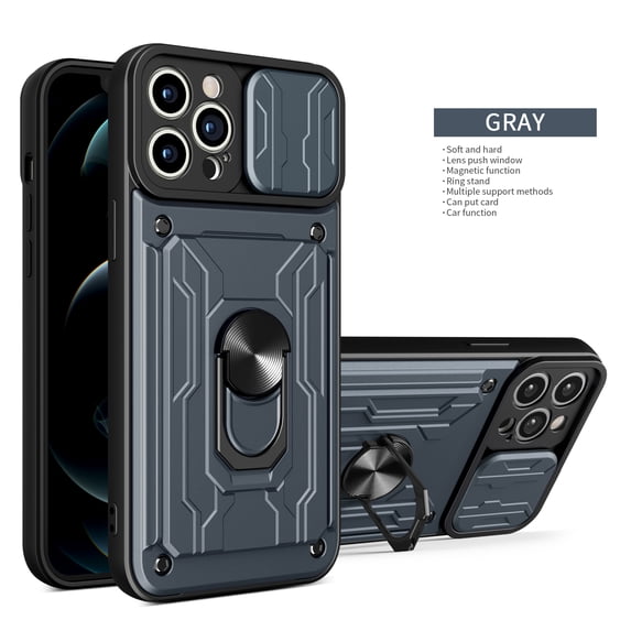 SaniMore for iPhone 14 Pro Case with Sliding Camera Cover and Card Holder, Heavy Duty Protective Case with Ring Magnetic Kickstand Phone Case for iPhone 14 Pro 6.1" 2022, Gray
