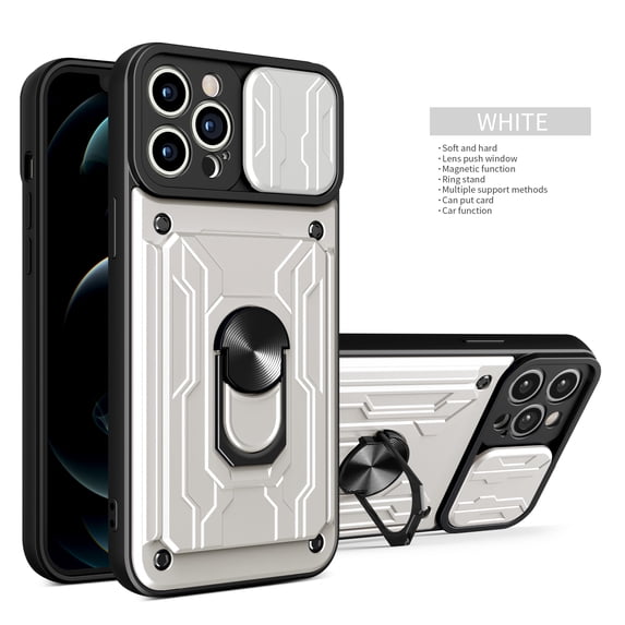 SaniMore for iPhone 14 Pro Case with Sliding Camera Cover and Card Holder, Heavy Duty Protective Case with Ring Magnetic Kickstand Phone Case for iPhone 14 Pro 6.1" 2022, White