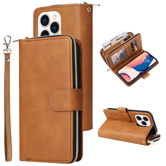 SaniMore for iPhone 14 Pro Max (6.7" 2022) 3 in 1 Case, Zipper Purse Cover + Card Slots + Kickstand + Detachable Lanyard Comprehensive Protective Shockproof Anti-drop Shell, Brown