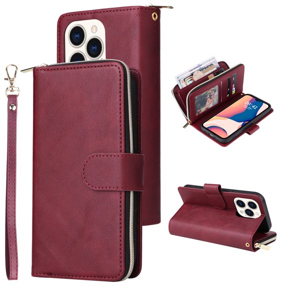 SaniMore for iPhone 14 Pro Max (6.7" 2022) 3 in 1 Case, Zipper Purse Cover + Card Slots + Kickstand + Detachable Lanyard Comprehensive Protective Shockproof Anti-drop Shell, Winered