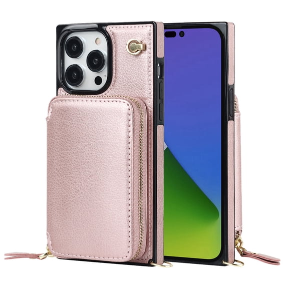 SaniMore for iPhone 14 Pro Max 6.7" 2022 Case with Back Zipper Wallet Flip Kicktsand Crossbody Shoulder Strap Retro PU Leather Wear-resistant Shockproof Anti-drop Cover for Grils Women, Rosegold