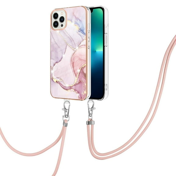 SaniMore for iPhone  14 Pro Max 6.7" 2022 Case with Detachable Crossbody Lanyard Shockproof TPU Backplane Marble Pattern Luxury Fashion Anti-drop Slim Lightweight Cover For iPhone 14 Pro Max, Rosegold