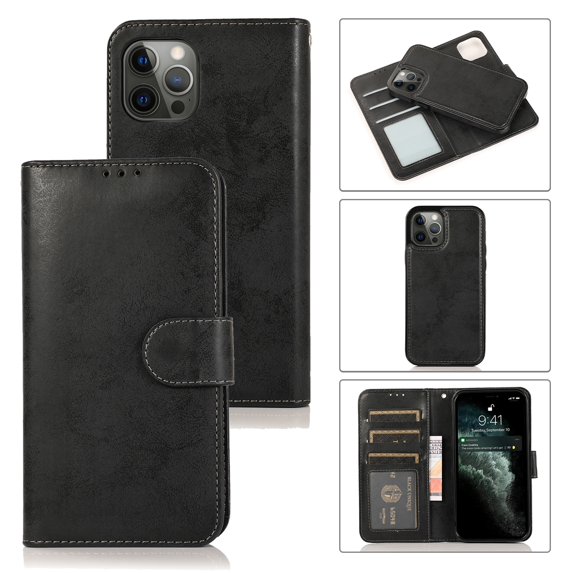 SaniMore for iPhone 14 Pro Max 6.7" 2022 Case, Flip PU Leather Wallet Cover with Detachable Shell Wrist Strap Kickstand Card Slots Business Shockproof Case Magnetic Clasp for iPhone 14 Pro Max, Black