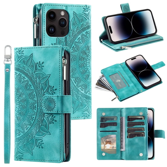 SaniMore for iPhone 14 Pro Max 6.7" 2022 Case, Luxury PU Leather Skin with Emboss Totem Detachable Crossbody Strap + Zipper Cash Pokcet Card Holder Flip Kickstand Wallet Cover, Green