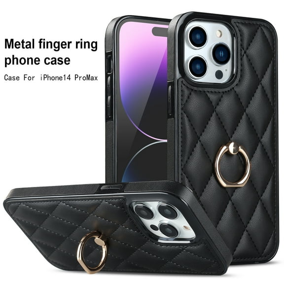 SaniMore for iPhone 14 Pro Max 6.7" 2022 Case, PU Leather Case with Luxury Fashion Lattice for Girls Women 360° Rotating Metal Ring/Kickstand Shockproof Durable Case For iPhone 14 Pro Max,Black