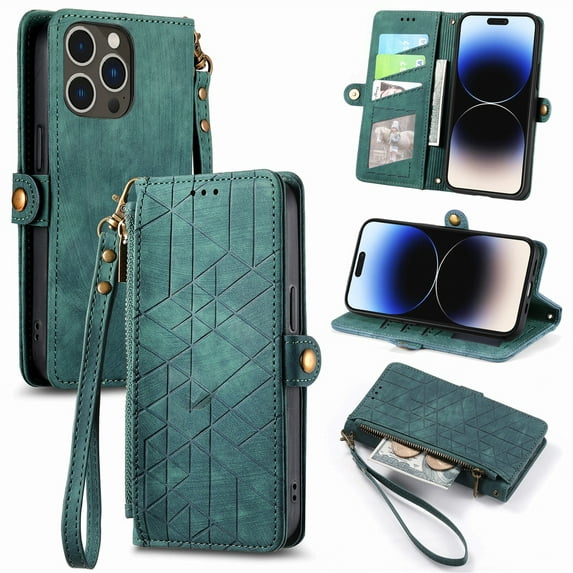 SaniMore for iPhone 14 Pro Max (6.7" 2022) Case, PU Leather Embossed Lines with Wristlet Zipper Cash Pocket Card Slots Magnetic Flip Stand Full Protective TPU Shell Anti-drop Business Design, Green