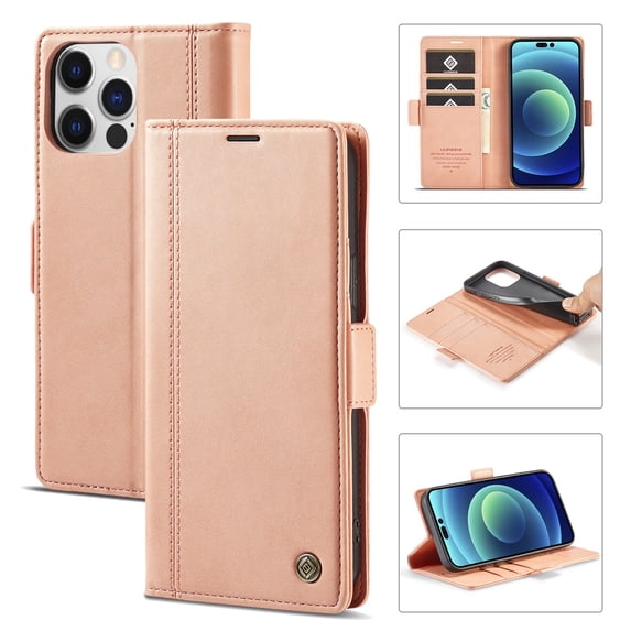 SaniMore for iPhone 14 Pro Max 6.7" 2022 Case, PU Leather Magnetic Flip Folio Shell with Card Holders RFID Blocking Kickstand Shockproof TPU Magnetic Closure Business Cover, Rosegold