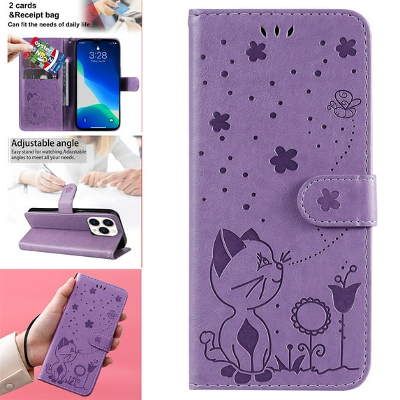 SaniMore for iPhone 14 Pro Max 6.7" 2022 Case, PU Leather Skin with Embossed Cat Flip Magnetic Cover Card Slots Kickstand Detachable Lanyard Full Around Wallet Case For iPhone 14 Pro Max, Purple