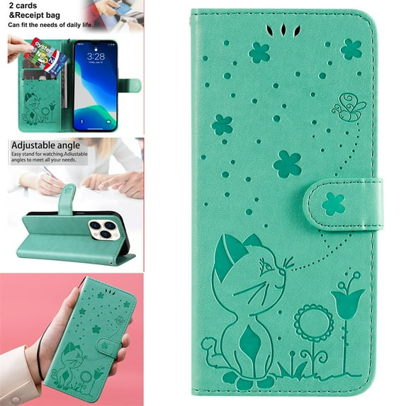 SaniMore for iPhone 14 Pro Max 6.7" 2022 Case, PU Leather Skin with Embossed Cat Flip Magnetic Cover Card Slots Kickstand Detachable Lanyard Full Around Wallet Case For iPhone 14 Pro Max, Green