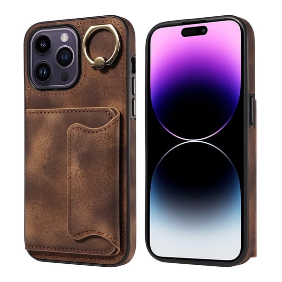 SaniMore for iPhone 14 Pro Max (6.7" 2022) Case, PU Leather Skin Shockproof Bumper Flip Purse RFID Blocking Metal Ring Stand Shell, Card Holder Cash Pocket Anti-drop Cover, Brown