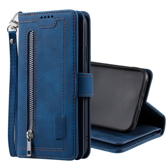 SaniMore for iPhone 14 Pro Max 6.7" 2022 Case, Prumium Leather Zipper Wallet Card Slots Cash Pocket Flip Kickstand Lanyard Anti-drop Shcokproof Full Wrap Business Case for iPhone 14 Pro Max, Darkblue