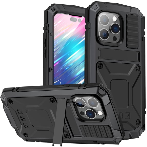 SaniMore for iPhone 14 Pro Max 6.7" 2022 Tri-layer Case with Wireless Charging Tempered Glass Screen Protector Hidden Bracket Drop Resistant Heavy Duty Protective Case For iPhone 14 Pro Max, Black