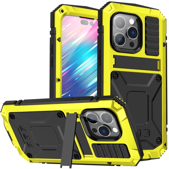 SaniMore for iPhone 14 Pro Max 6.7" 2022 Tri-layer Case with Wireless Charging Tempered Glass Screen Protector Hidden Bracket Drop Resistant Heavy Duty Protective Case For iPhone 14 Pro Max, Yellow