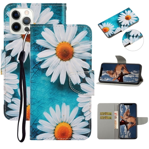 SaniMore for iPhone 14 Pro Max 6.7" 2022 Wallet Case, Color Painting Pattern with Kickstand Card Slots Detachable Wrist Strap Grils Women PU Leather Case Magnetic Clasp, Daisy
