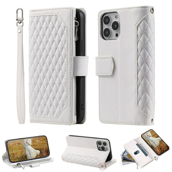 SaniMore for iPhone 14 Pro Max (6.7" 2022) Wallet Case, Wrist/Crossbody Lanyard, 3D Lattice PU Leather Flip Kickstand Zipper Purse & Card Slots Magnetic Clasp Shockproof TPU Shell Anti-drop - White