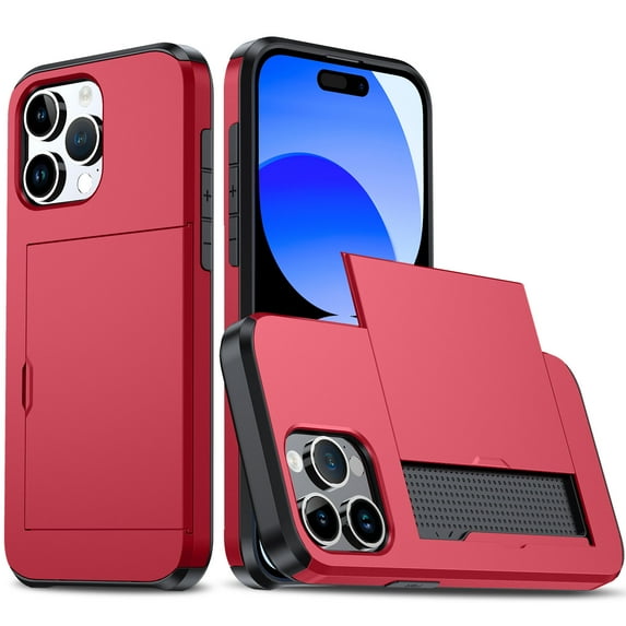 SaniMore for iPhone 14 Pro Max 6.7" Case with Card Holder, Slim Dual Layer Heavy Duty iPhone 14 Pro Max 2022 Wallet Case Hidden Sliding Credit Slot Protective Cover for Men Women, Red