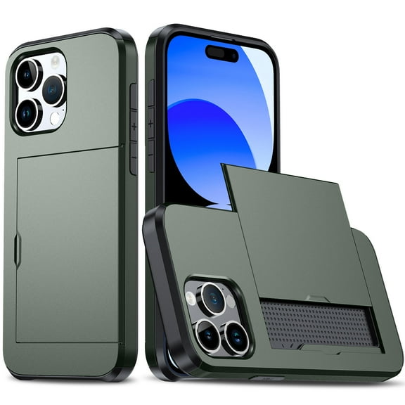 SaniMore for iPhone 14 Pro Max 6.7" Case with Card Holder, Slim Dual Layer Heavy Duty iPhone 14 Pro Max 2022 Wallet Case Hidden Sliding Credit Slot Protective Cover for Men Women, Armygreen