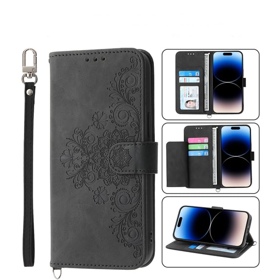 SaniMore for iPhone 14 Pro Max 6.7" Magnetic Flip Wallet Case with Cross Body Strap, PU Leather Case with Card Slot & Multi-Angle Kickstand Shockproof Protective Case for Girls Ladies, Black