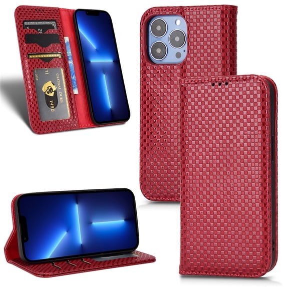 SaniMore for iPhone 14 Pro Max 6.7" Magnetic Flip Wallet Case, Soft TPU Internal Case with Card Slot & Multi-Angle Kickstand Shockproof Protective Case for Men Ladies, Winered