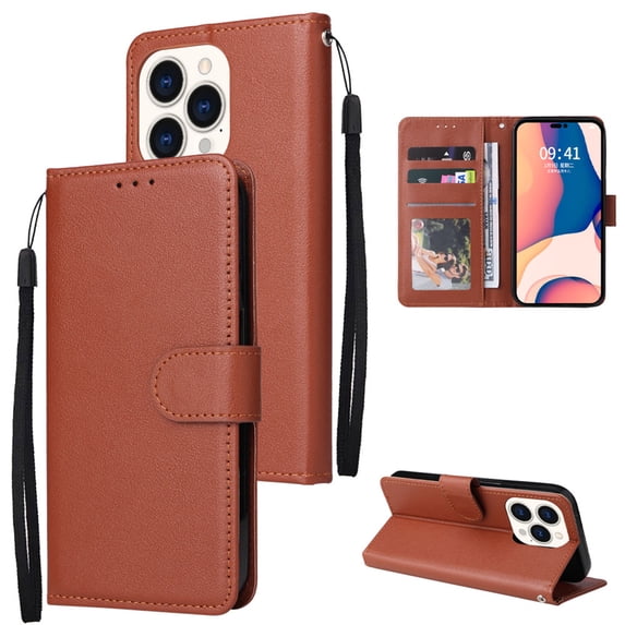 SaniMore for iPhone 14 Pro Max 6.7" PU Leather Case, Magnetic Closure Flip Wallet Cover with Wrist Strap Card Slot & Multi-Angle Kickstand All-Inclusive Protective Shell, Brown