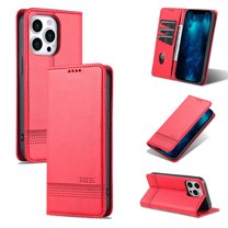SaniMore for iPhone 14 Pro Max 6.7" PU Leather Case, Solid Color Magnetic Closure Flip Wallet Cover Built-in 3 Card Slots & Multi-Angle Kickstand Full Body Protective Shell, Red