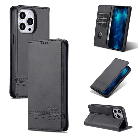 SaniMore for iPhone 14 Pro Max 6.7" PU Leather Case, Solid Color Magnetic Closure Flip Wallet Cover Built-in 3 Card Slots & Multi-Angle Kickstand Full Body Protective Shell, Black