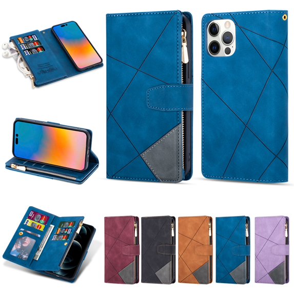 SaniMore for iPhone 14 Pro Max Case with Card Slot, Line Stitching Metal Button Zipper Wallet PU Leather Cover with Folio Flip Kickstand + Hand Strap Shockproof Protective Shell, Blue