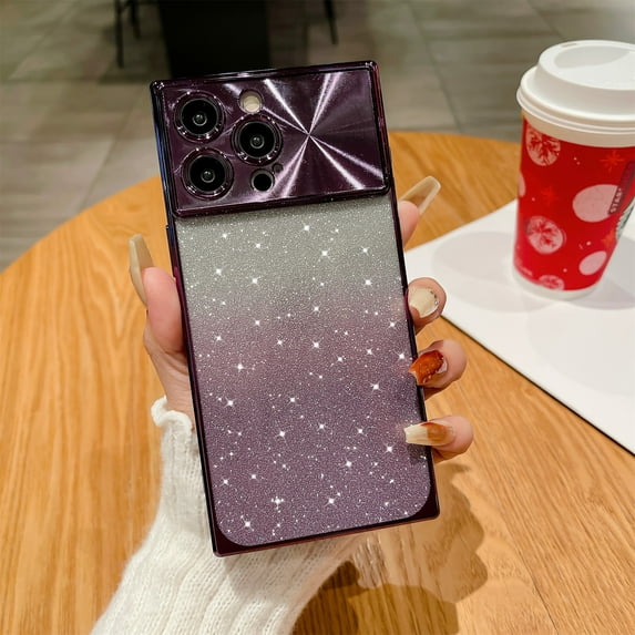 SaniMore for iPhone 14 Pro Max Case, Gradient Glitter Bling Paper Large Window Lens Protection Electroplated Frame Soft TPU Shockproof Anti-drop Slim Lightweight Fashion for Girls Women, Darkpurple