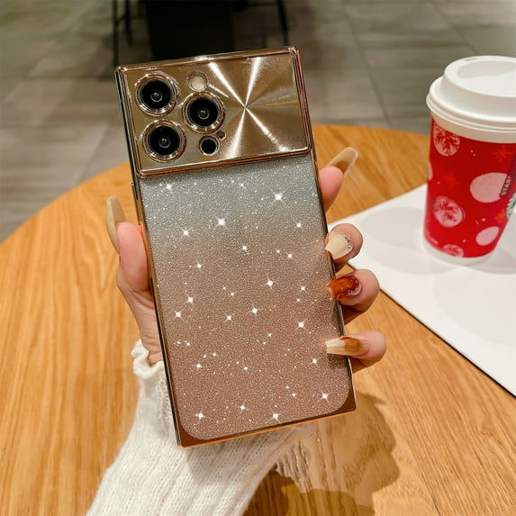 SaniMore for iPhone 14 Pro Max Case, Gradient Glitter Bling Paper Large Window Lens Protection Electroplated Frame Soft TPU Shockproof Anti-drop Slim Lightweight Fashion for Girls Women, Gold