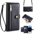 thumbnail image 1 of SaniMore for iPhone 14 Pro Max Case, with Kickstand [Shoulder & Wrist Strap] Flip Zipper Wallet Cash & Card Slots PU Leather TPU Interior Full Body Protection for iPhone 14 Pro Max, Black, 1 of 8
