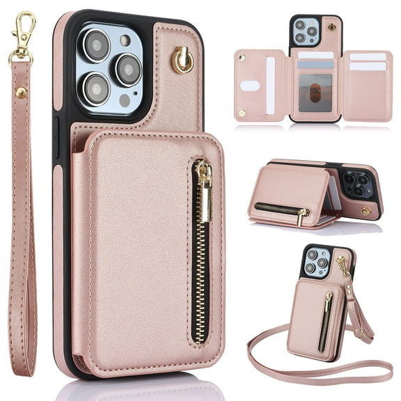 SaniMore for iPhone 14 Pro Max Case, Luxury PU Leather Card Holders Kickstand Metal Finger Ring Shockproof Drop Resistant Wrist/Crossbody Lanyard for Girls Women Stylish Accordion Design, Rosegold