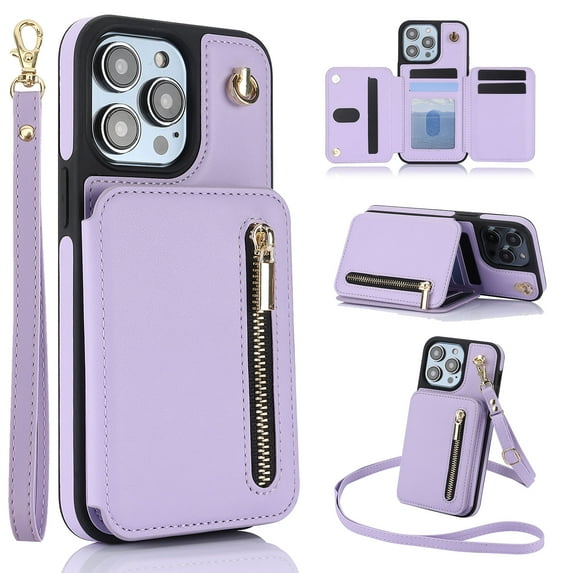 SaniMore for iPhone 14 Pro Max Case, Luxury PU Leather Card Holders Kickstand Metal Finger Ring Shockproof Drop Resistant Wrist/Crossbody Lanyard for Girls Women Stylish Accordion Design, Lightpurple